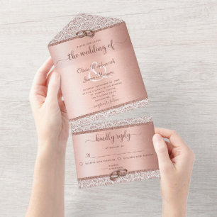 Invitación Todo En Uno Rosa Purpurina de oro Damask Elegant Wedding