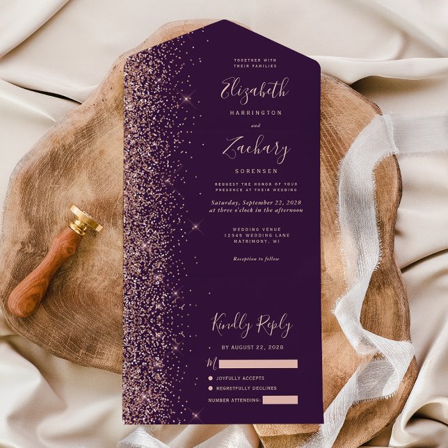 Invitación Todo En Uno Rosa Purpurina  dorado moderno Boda (Subido por el creador)