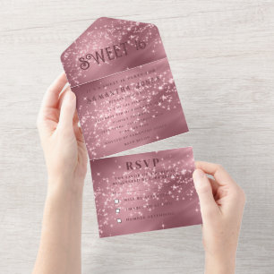 Invitación Todo En Uno Rosa Purpurina rosa dorado Sparkle Dulce moderno 1