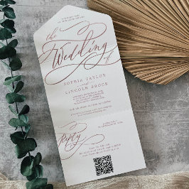 Invitación Todo En Uno Rosa Romántico Código QR De Oro El Boda