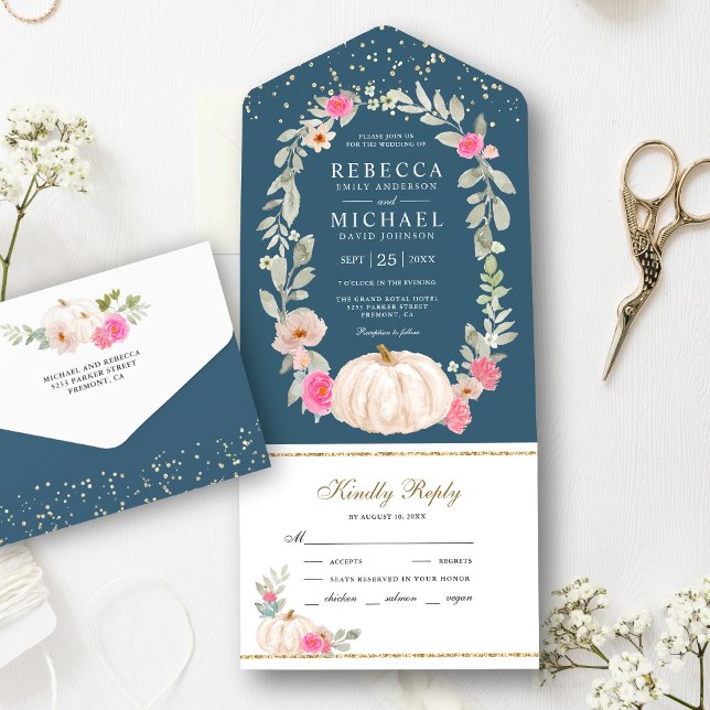 Invitación Todo En Uno Rosa rosa azul turbio Boda de calabaza blanca (Subido por el creador)