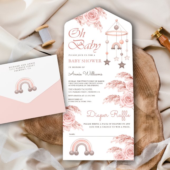 Invitación Todo En Uno Rosa rosada rosada rosada Pampas Boho Rainbow Baby (Subido por el creador)