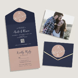 Invitación Todo En Uno Rosa Rubor Azul Marino QR Foto Boda