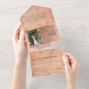 Invitación Todo En Uno Rosa Rubor Boda de parqueas de jardín de cuento de