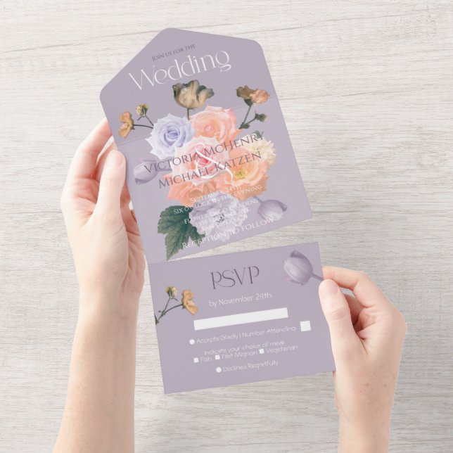 Invitación Todo En Uno Rosa Rubor Púrpura Pálido Floral Moderno Bodas (desgarro)