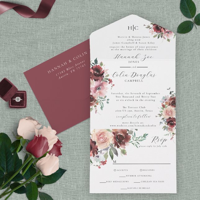 Invitación Todo En Uno Rosa Rubor y Peony clásico de Borgoña (Subido por el creador)