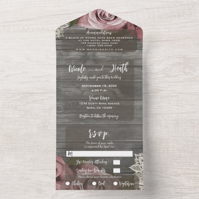 Invitación Todo En Uno Rosa Rústico Gris  Boda de encaje blanco + RSVP (Interior)