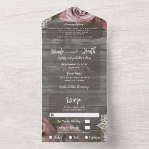 Invitación Todo En Uno Rosa Rústico Gris  Boda de encaje blanco + RSVP 