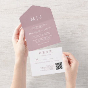 Invitación Todo En Uno Rosa simple y mojado Monograma Boda de código QR