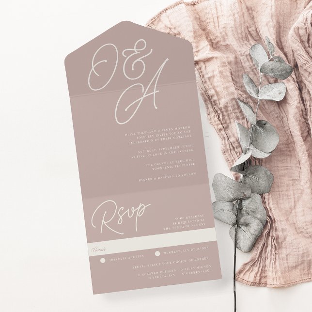 Invitación Todo En Uno Rosa Taupe | Script Watermark Monogram Boda (Subido por el creador)