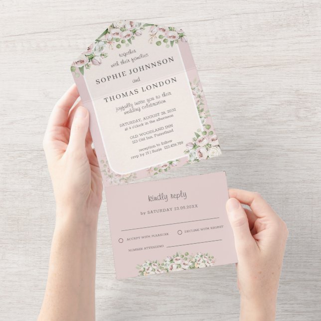 Invitación Todo En Uno Rosa turbio boda de acuarela floral (desgarro)