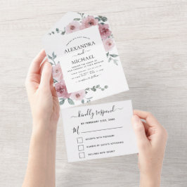 Invitación Todo En Uno Rosa turbio Boda floral rosa Eucalyptus RSVP