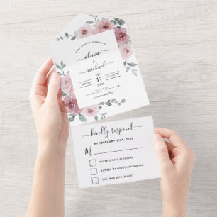 Invitación Todo En Uno Rosa turbio Boda floral rosa Eucalyptus RSVP