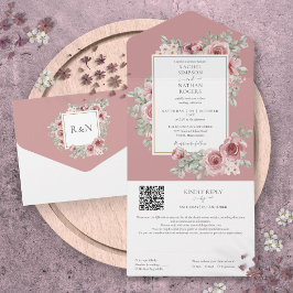 Invitación Todo En Uno Rosa turbio oro floral geométrico QR Boda de códig
