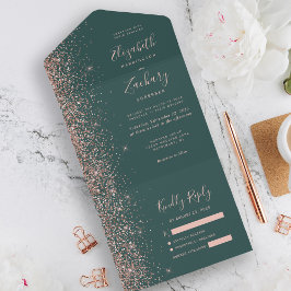 Invitación Todo En Uno Rosa verde oscuro moderno Purpurina de oro Boda