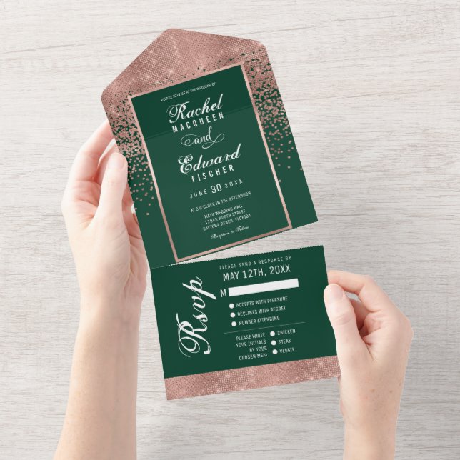 Invitación Todo En Uno Rosa Verde Purpurina de oro Boda Confetti RSVP (desgarro)