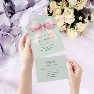 Invitación Todo En Uno Rosado verde cálido Quinceanera rsvp
