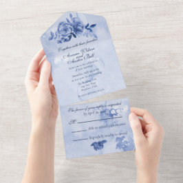 Invitación Todo En Uno Rosas acuarela azules 
