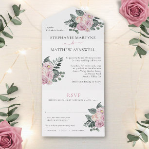 Invitación Todo En Uno Rosas Acuarela Polvorientas Rosa Desposorios