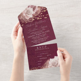 Invitación Todo En Uno Rosas acuarela románticas sobre burdeos