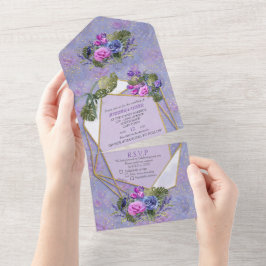 Invitación Todo En Uno Rosas acuarelas y tulipanes con oro todo