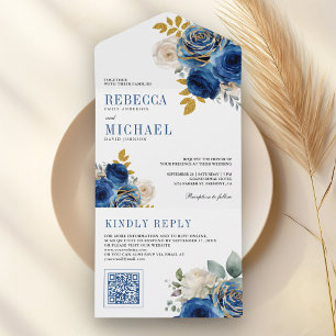 Invitación Todo En Uno Rosas Azul Real Código QR Floral Boda