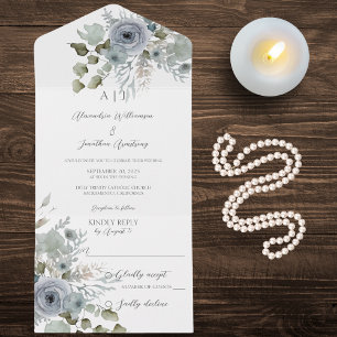 Invitación Todo En Uno Rosas azul turbio y blanco