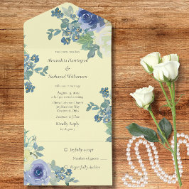 Invitación Todo En Uno Rosas azules e marfil en amarillo pálido