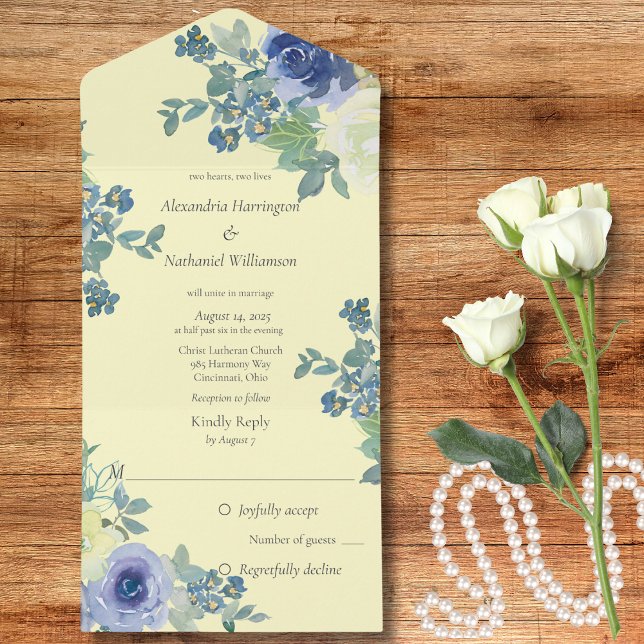 Invitación Todo En Uno Rosas azules e marfil en amarillo pálido (Subido por el creador)