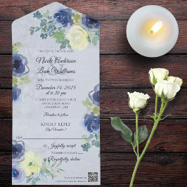 Invitación Todo En Uno Rosas azules e marfileños en azul pálido con códig
