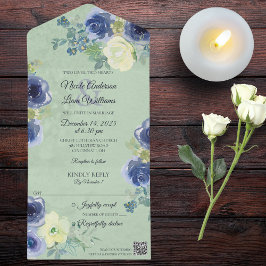 Invitación Todo En Uno Rosas azules e marfileños en verde sabio con códig