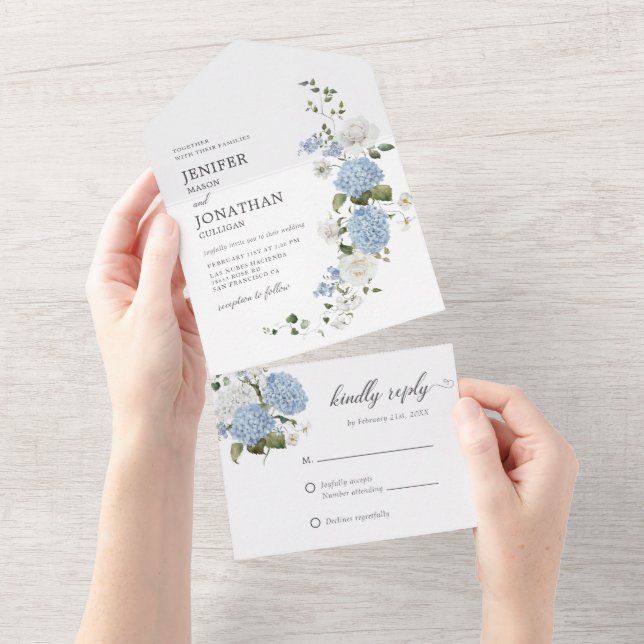 Invitación Todo En Uno Rosas Blancas Azules Elegantes Floral Todo En Uno (desgarro)