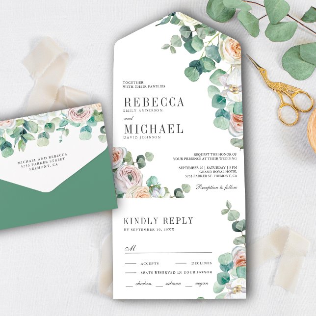 Invitación Todo En Uno Rosas blandos rusos Eucalyptus Boda de follaje (Subido por el creador)