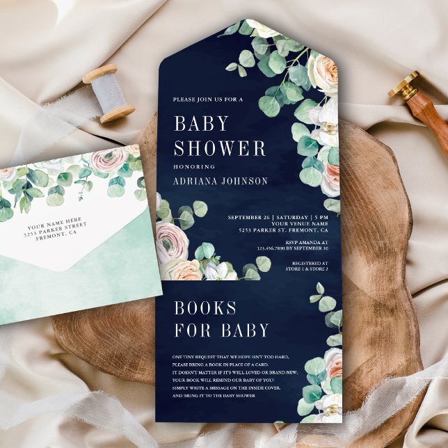 Invitación Todo En Uno Rosas blandos rusos Eucalyptus Navy Baby Shower az (Subido por el creador)