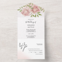 Invitación Todo En Uno Rosas Boho Blush Acuarela Pintadas a Mano