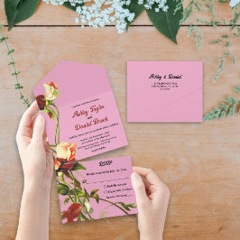 Invitación Todo En Uno Rosas Botánicas Verde Oliva Boda Floral Otoño
