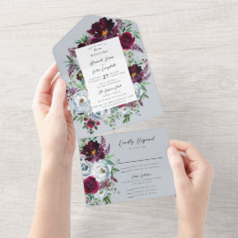 Invitación Todo En Uno Rosas Burgundy Silver Grey Botánicas