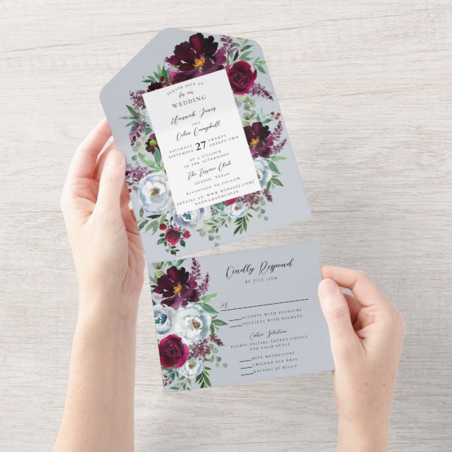 Invitación Todo En Uno Rosas Burgundy Silver Grey Botánicas (desgarro)