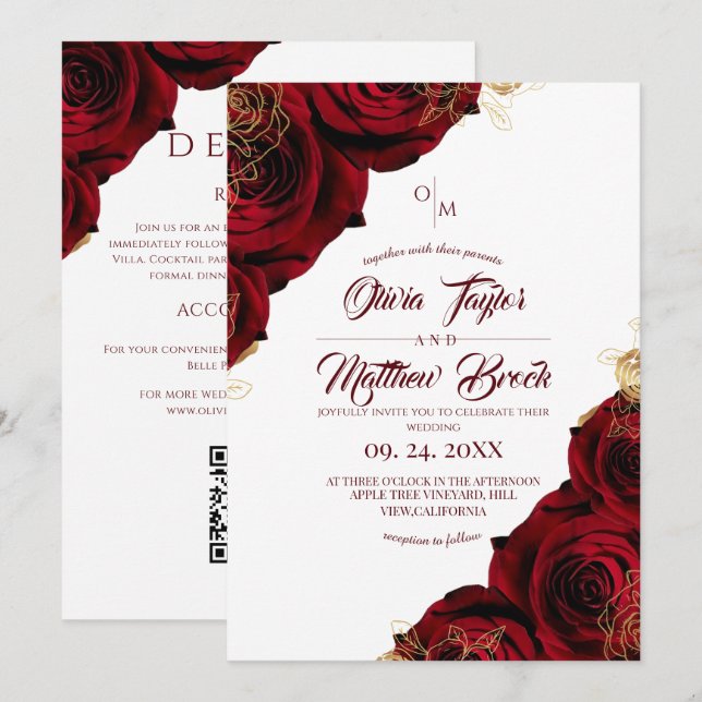 Invitación Todo en Uno Rosas Clásicas Rojas de Boda (Anverso / Reverso)