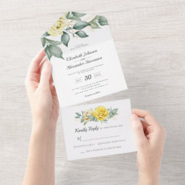 Invitación Todo En Uno Rosas de acuarela amarilla boda de vegetación clás