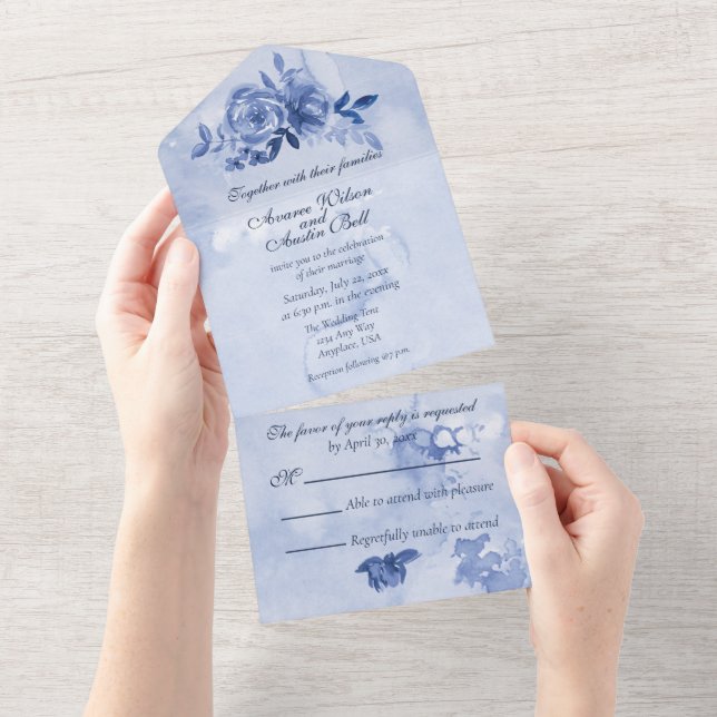 Invitación Todo En Uno Rosas de Acuarela Azules (desgarro)
