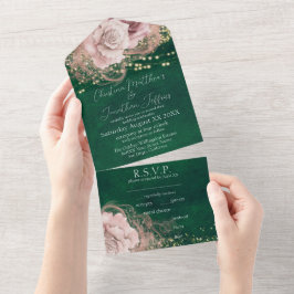 Invitación Todo En Uno Rosas de acuarela romántica en verde esmeralda