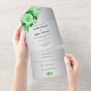 Invitación Todo En Uno Rosas de acuarela verde en Boda plateado