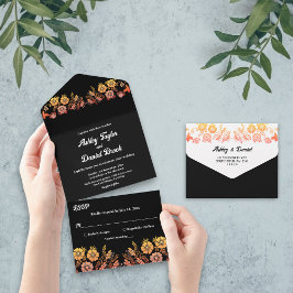 Invitación Todo En Uno Rosas de Black Boho Neon Boda romántico floral