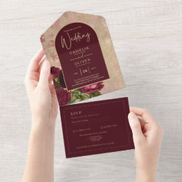 Invitación Todo En Uno Rosas de Borgoña todo en 1 Vintage RSVP + Boda