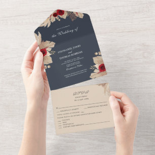 Invitación Todo En Uno Rosas de Borgoña y hierba de Pampas Todo en una in