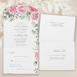 Invitación Todo En Uno Rosas de color rosa azul acuarela floral elegante 