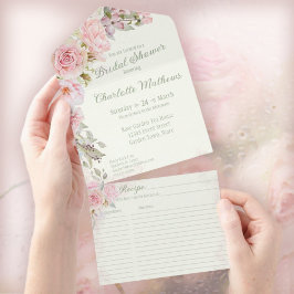 Invitación Todo En Uno Rosas de color rosa salvan ducha verde de novia