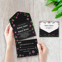 Invitación Todo En Uno Rosas de color Rústico Negro Boho Boda Floral