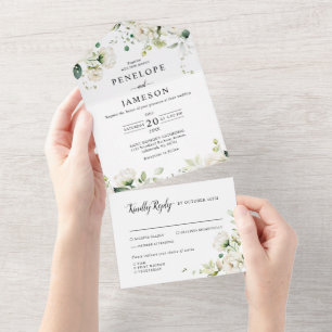 Invitación Todo En Uno Rosas de Crema de Marfil Blanco Boda Botánico Flor